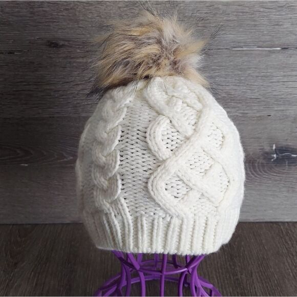 J Crew Factory Cable Knit Beanie Hat Faux-Fur Pom-Pom Ivory One Size - Picture 1 of 4